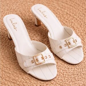 Lulus Vendela White Pinstriped Buckle Kitten Heel Slide Sandals - Size 9